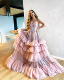 Spaghetti Straps Pink A-Line Sequins Long Prom HZ0307