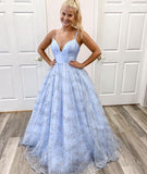 LTP1033,Charming Tulle V neck Blue Starry Sequin Prom Dress, Long A-Line Evening HZ0307