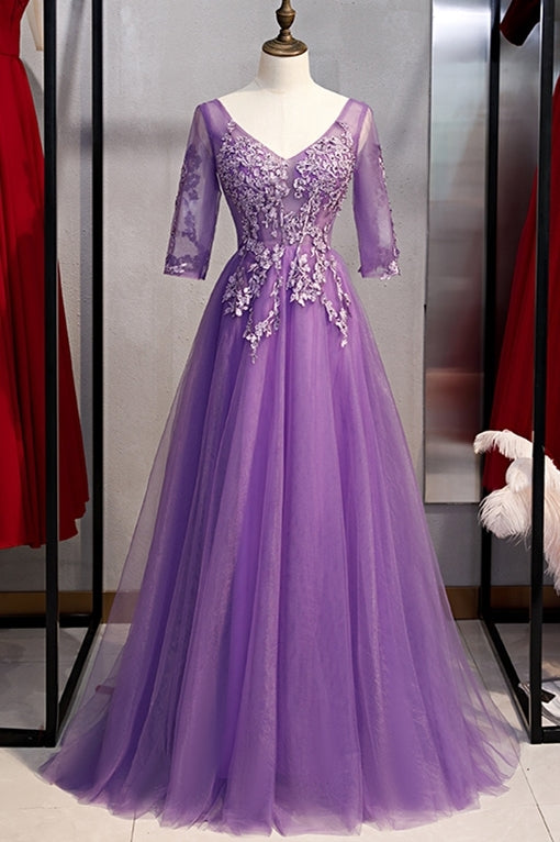 Half Sleeves Purple Appliques Long Paty HZ0307