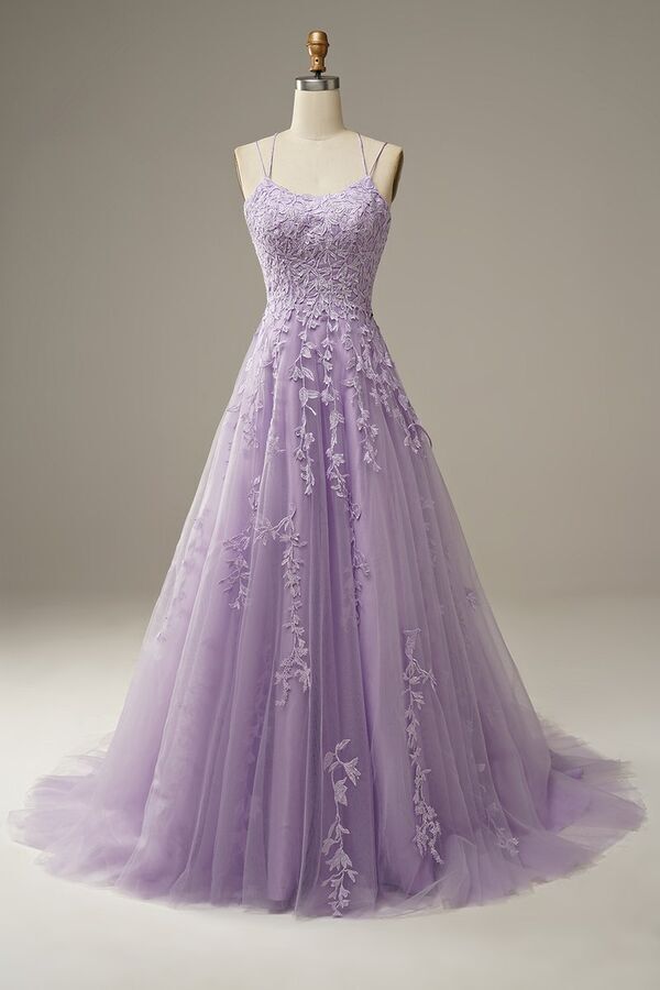 Lavender Lace Appliques A-line Long Prom HZ0307