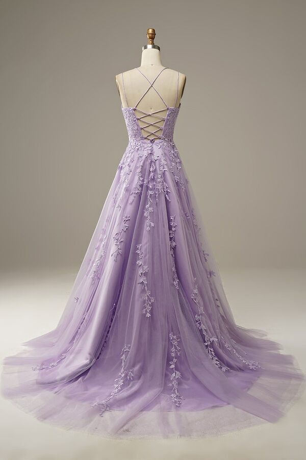 Lavender Lace Appliques A-line Long Prom HZ0307