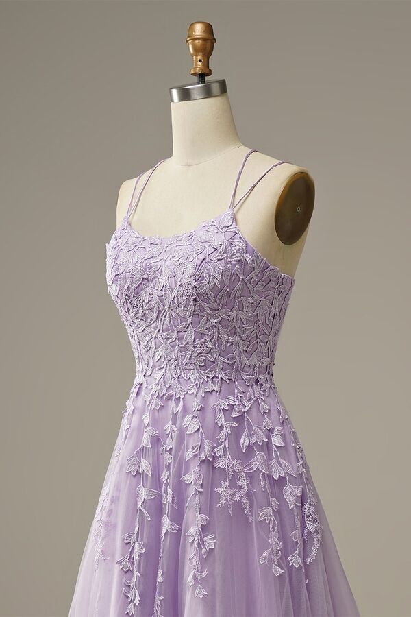 Lavender Lace Appliques A-line Long Prom HZ0307