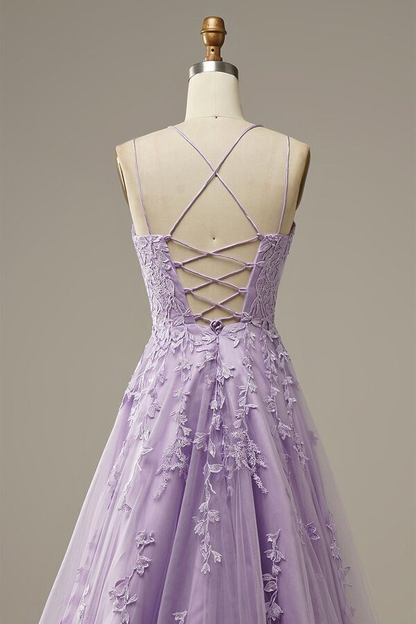 Lavender Lace Appliques A-line Long Prom HZ0307