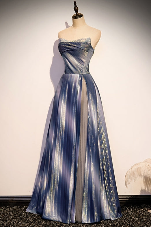 Shimmering Strapless A-line Blue Long Formal HZ0307