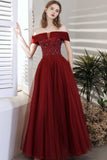 Off the Shoulder Wine Red Tulle Long Prom HZ0307