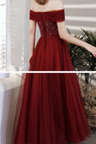 Off the Shoulder Wine Red Tulle Long Prom HZ0307