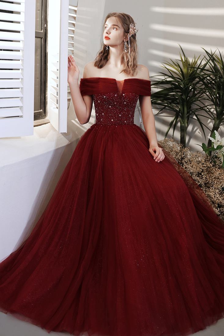 Off the Shoulder Wine Red Tulle Long Prom HZ0307