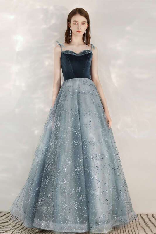 Sparkle A-line Blue Long Formal Dress with Velvet HZ0307