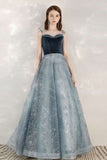 Sparkle A-line Blue Long Formal Dress with Velvet HZ0307