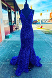 V Neck Royal Blue Sequin Mermaid Long Prom HZ0307