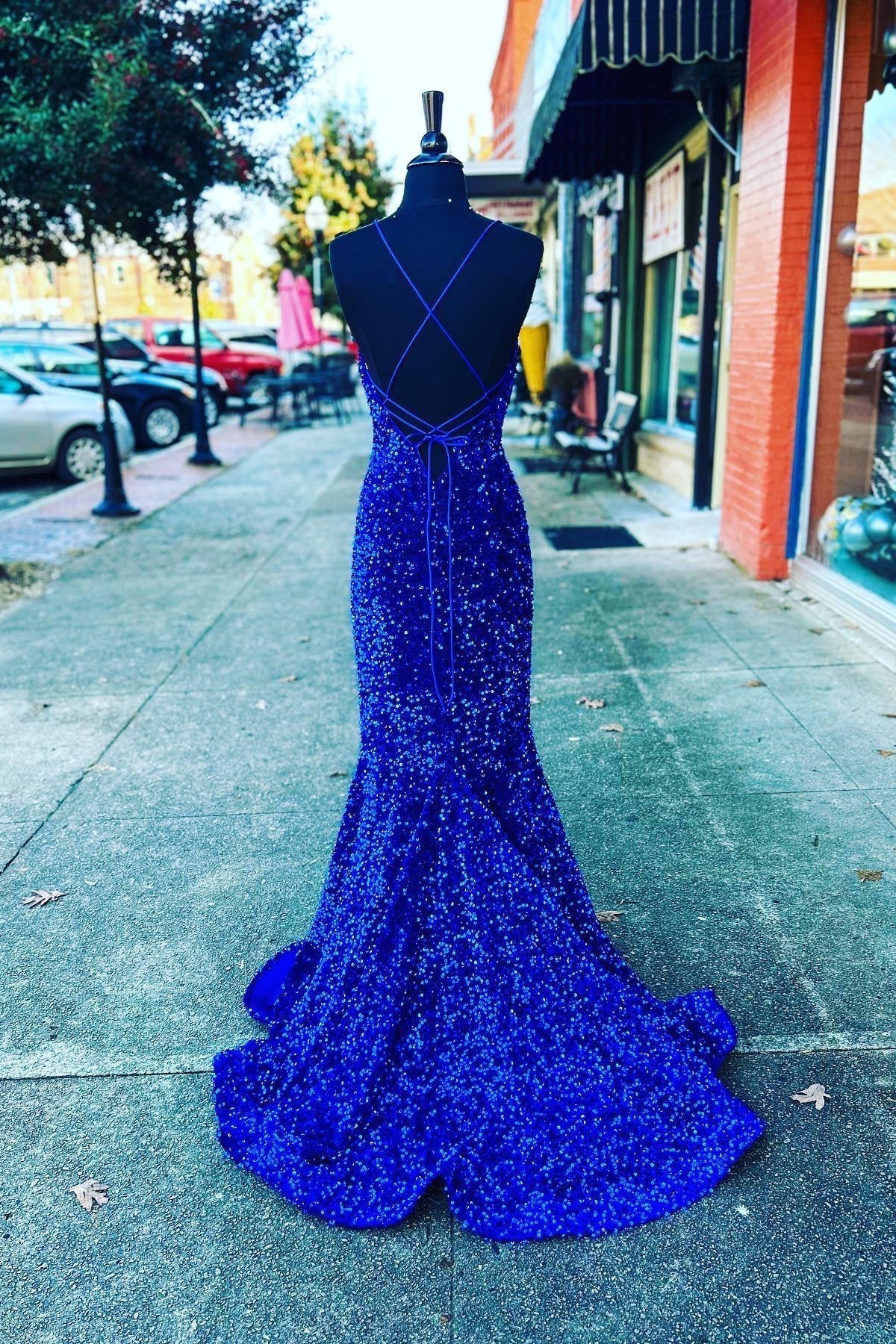 V Neck Royal Blue Sequin Mermaid Long Prom HZ0307