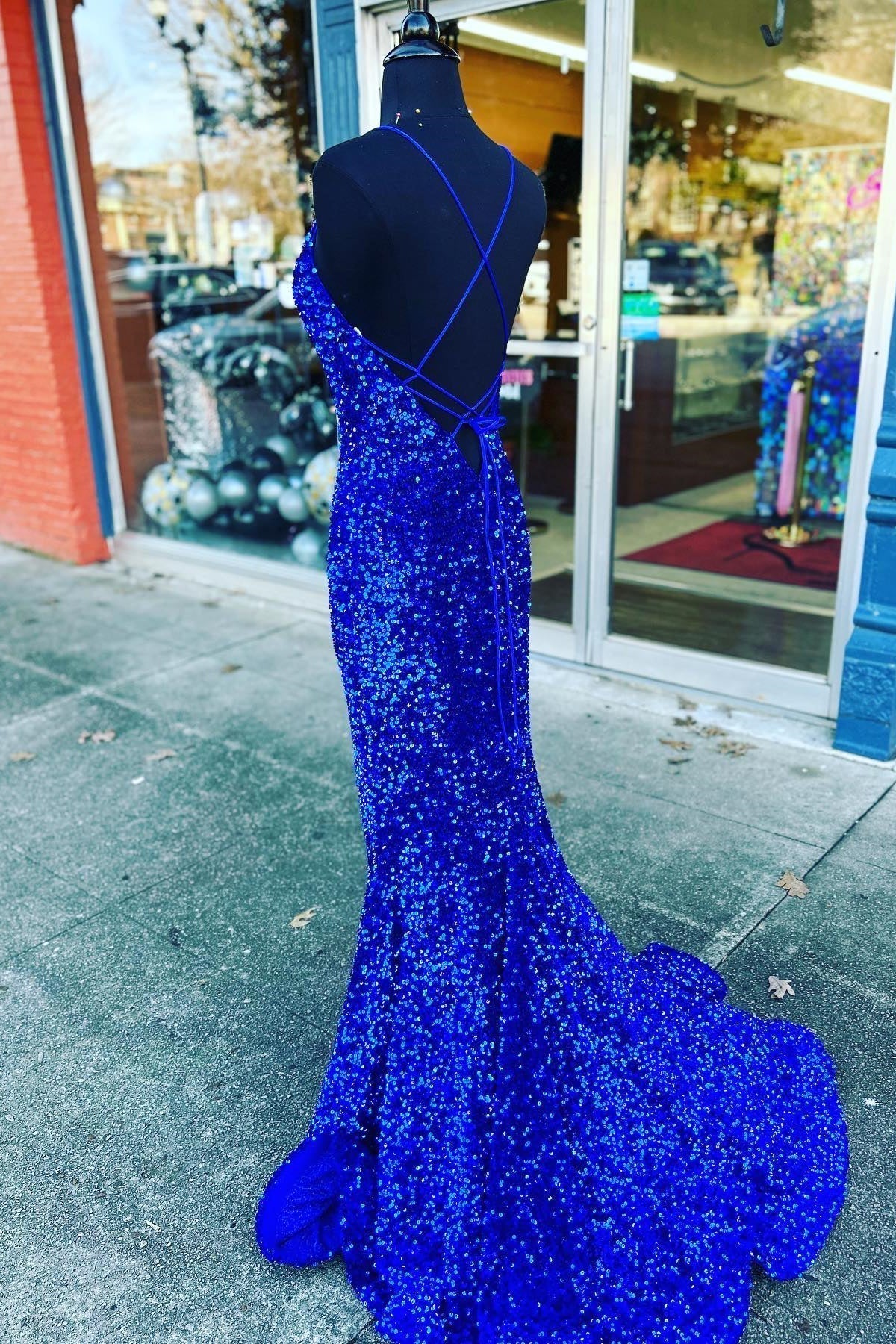 V Neck Royal Blue Sequin Mermaid Long Prom HZ0307