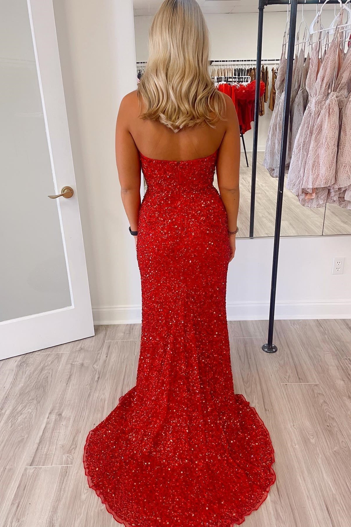 Red Sequin Strapless V Neck Mermaid Long Prom HZ0307