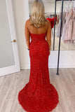 Red Sequin Strapless V Neck Mermaid Long Prom HZ0307