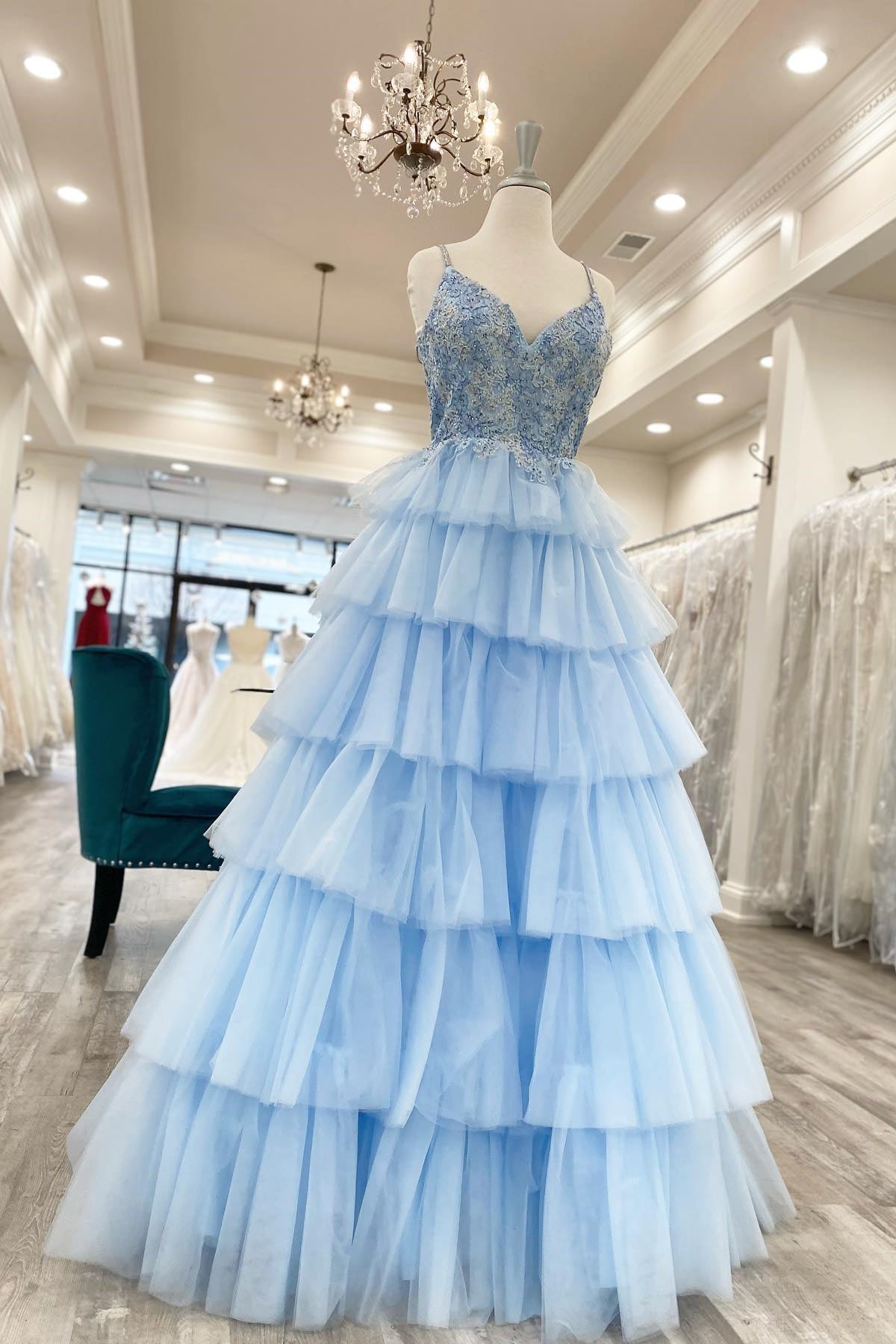 Blue Tiered Layers Lace Appliques A-line Long Formal HZ0307