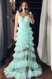 Mint Green Tiered Ruffle Long Prom HZ0307