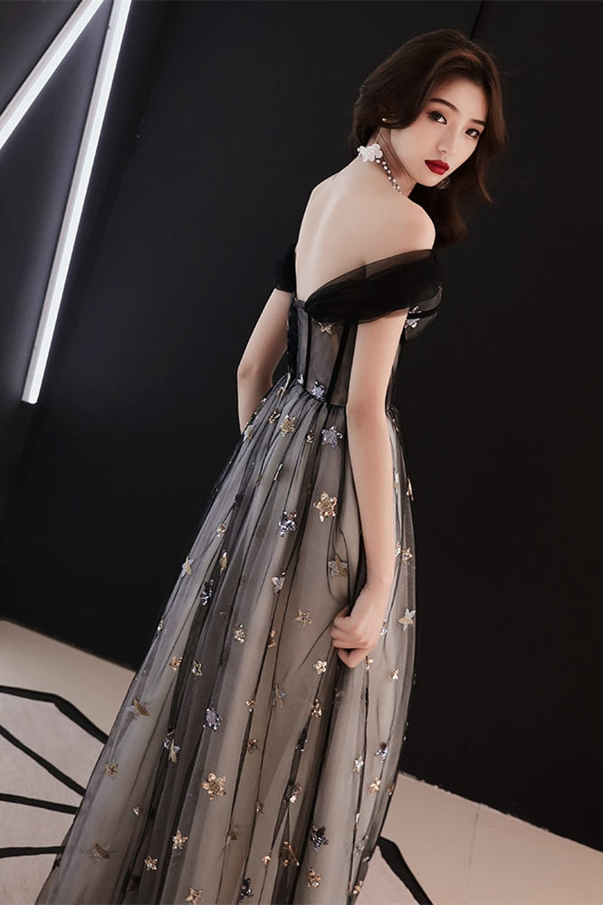 Off the Shoulder Black Long Party Dress with HZ0307
