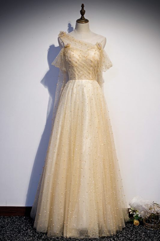 Gorgeous A-line Champagne Pearls Long Prom HZ0307