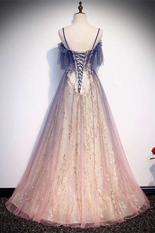 Straps Pink and Navy Blue Ombre Long Party HZ0307