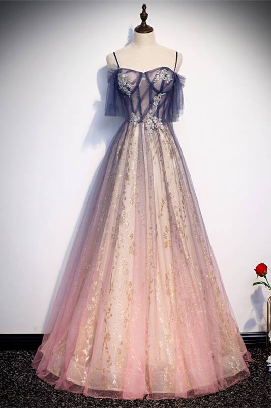 Straps Pink and Navy Blue Ombre Long Party HZ0307