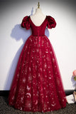Wine Red Velvet and Tulle Short Sleeves Princess HZ0307
