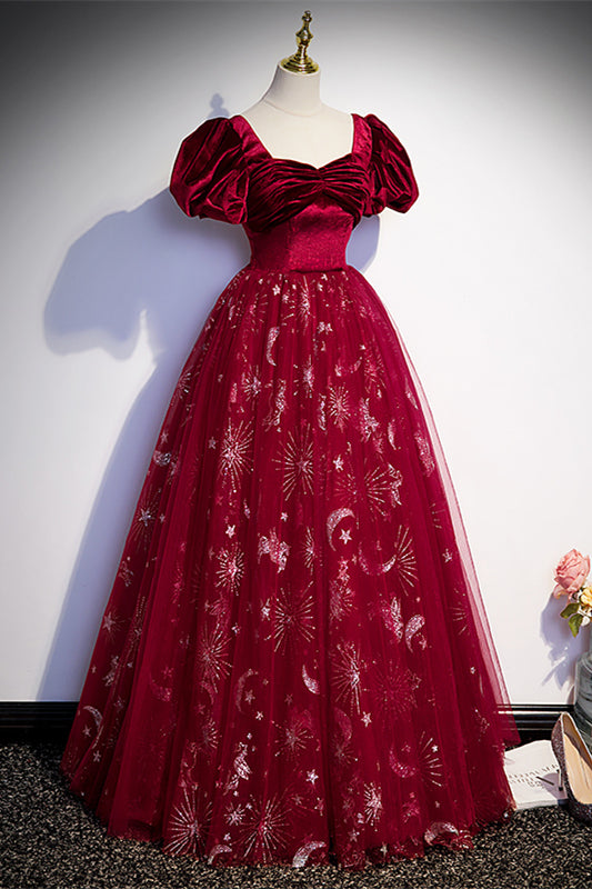 Wine Red Velvet and Tulle Short Sleeves Princess HZ0307