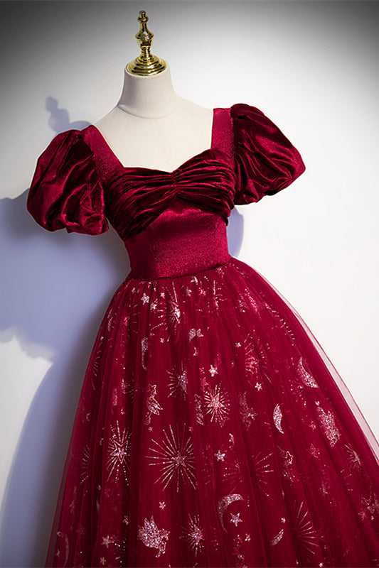 Wine Red Velvet and Tulle Short Sleeves Princess HZ0307