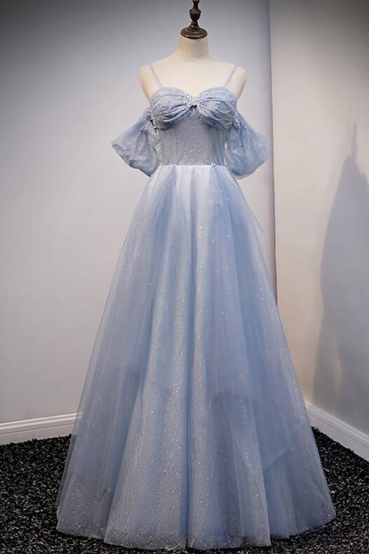 Light Blue Off the Shoulder Tulle Long Prom HZ0307