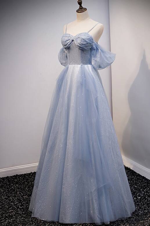 Light Blue Off the Shoulder Tulle Long Prom HZ0307