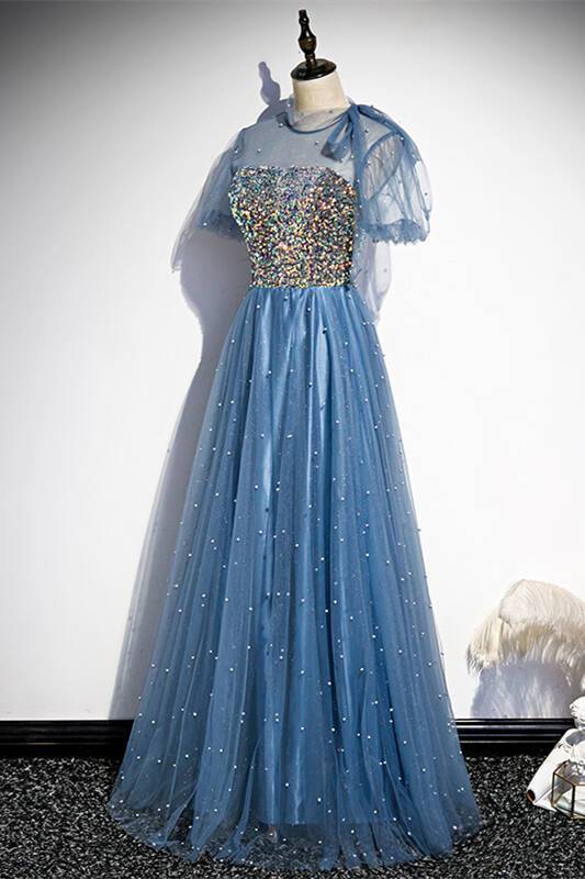Princess Short Sleeves Blue A-line Party HZ0307