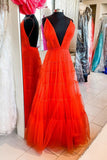 Red A-line Plunge Long Formal Dress with Open HZ0307