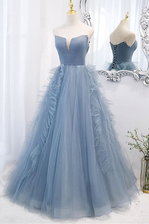 Strapless Blue A-line Long prom HZ0307