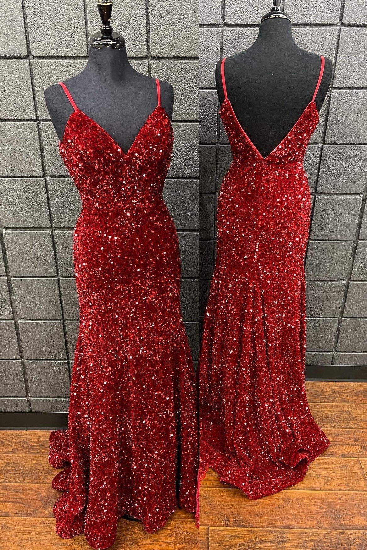 Straps Red Sequin V Neck Mermaid Long Prom HZ0307