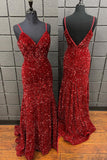Straps Red Sequin V Neck Mermaid Long Prom HZ0307