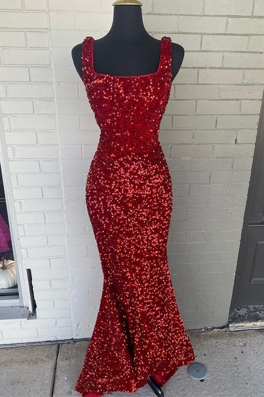Red Sequin Square Neck Mermaid Long Formal HZ0307