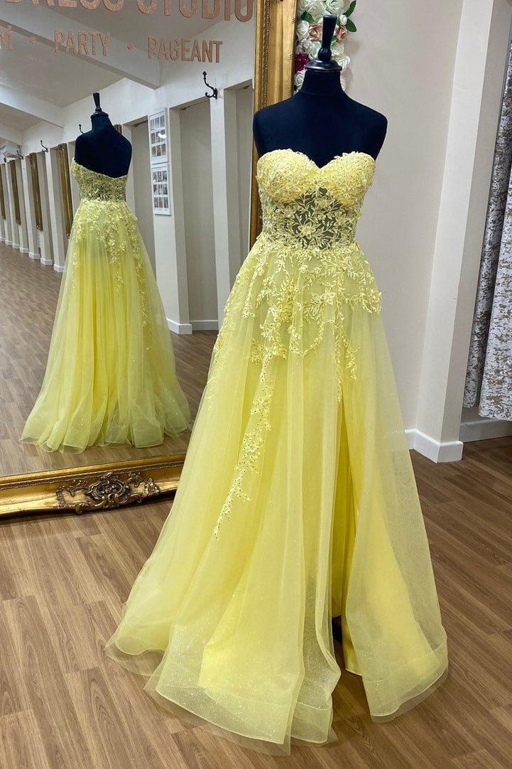 Sweetheart Yellow Lace Appliques Long Prom HZ0307