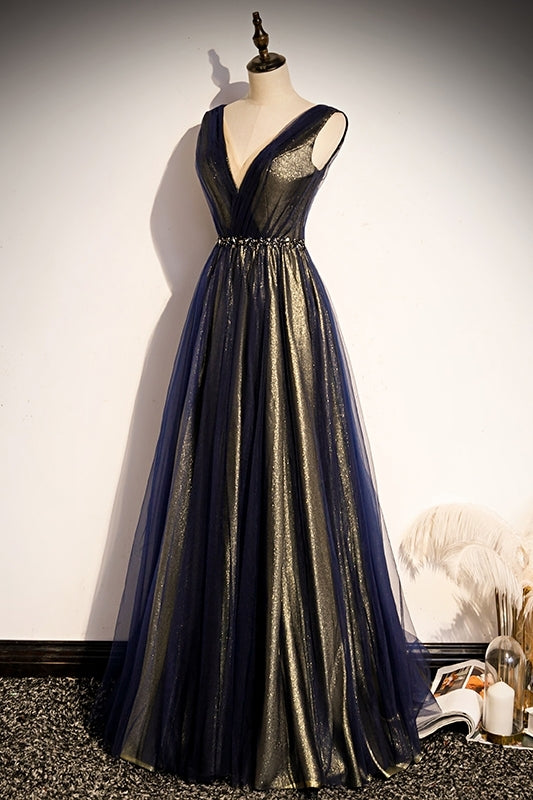 Navy Blue A-line Tulle Long Party HZ0307