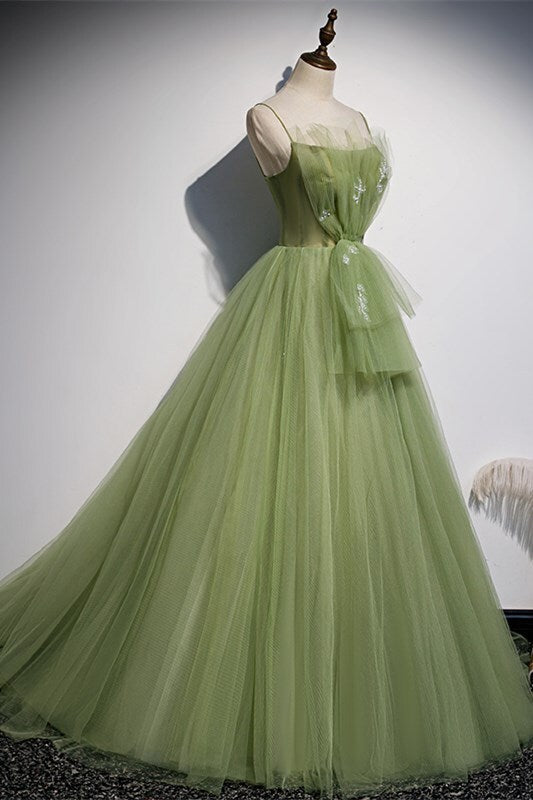 Spaghetti Straps Green A-line Long Party HZ0307