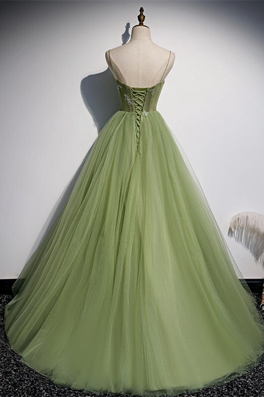 Spaghetti Straps Green A-line Long Party HZ0307