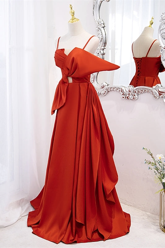 Orange Spaghetti Straps Knotted Satin A-line Long HZ0307
