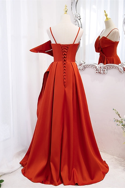 Orange Spaghetti Straps Knotted Satin A-line Long HZ0307