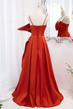 Orange Spaghetti Straps Knotted Satin A-line Long HZ0307