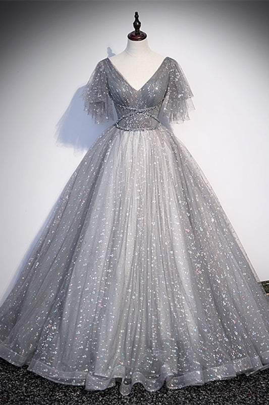 Grey V Neck A-line Long Formal Gown with Flutter HZ0307