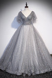 Grey V Neck A-line Long Formal Gown with Flutter HZ0307