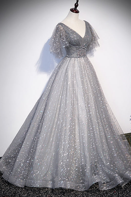Grey V Neck A-line Long Formal Gown with Flutter HZ0307