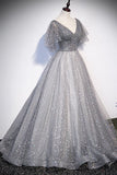 Grey V Neck A-line Long Formal Gown with Flutter HZ0307