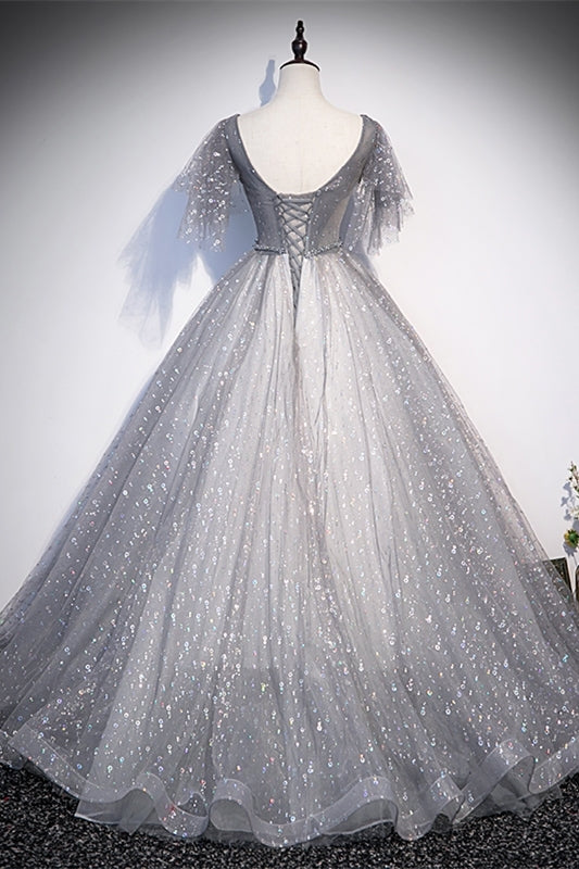Grey V Neck A-line Long Formal Gown with Flutter HZ0307