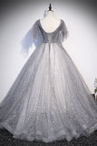 Grey V Neck A-line Long Formal Gown with Flutter HZ0307
