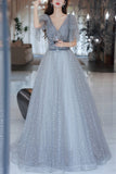Grey V Neck A-line Long Formal Gown with Flutter HZ0307