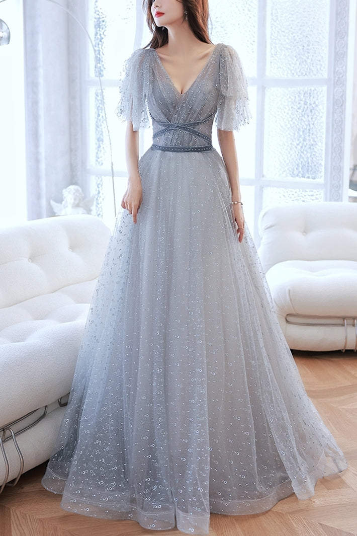 Grey V Neck A-line Long Formal Gown with Flutter HZ0307